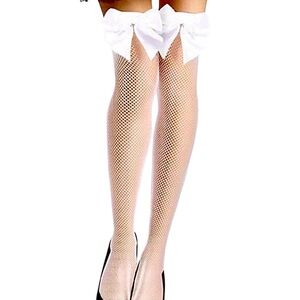 Women’s Sexy White Fishnet Thigh High Stockings White Satin Bows NEW